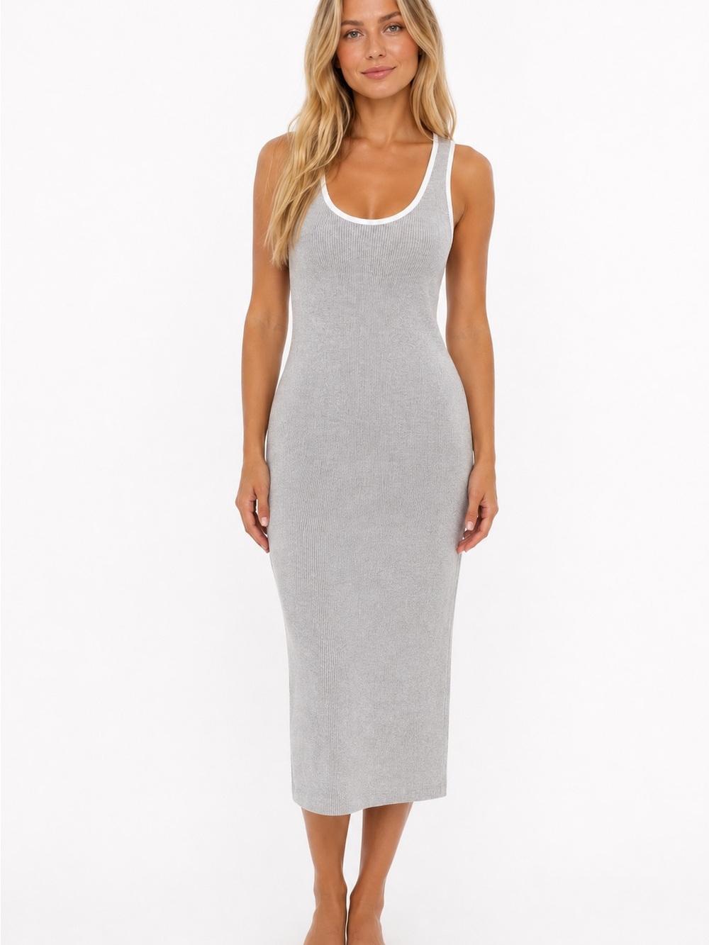 Caroline Constas Grey Ribbed Sleeveless Racerback Midi Dress Medium